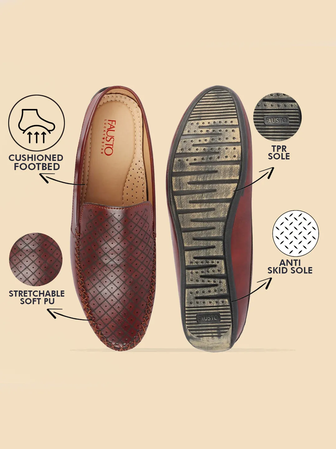 Barefoot Walking Shoes Men Maroon Stitched Block Design Pattern Back Open Slip On Loafer Shoes