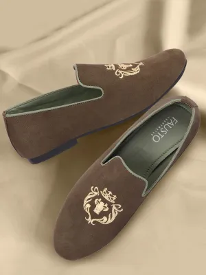 Men Olive Embroidered Velvet Slip On Loafers Do Marten Loafers