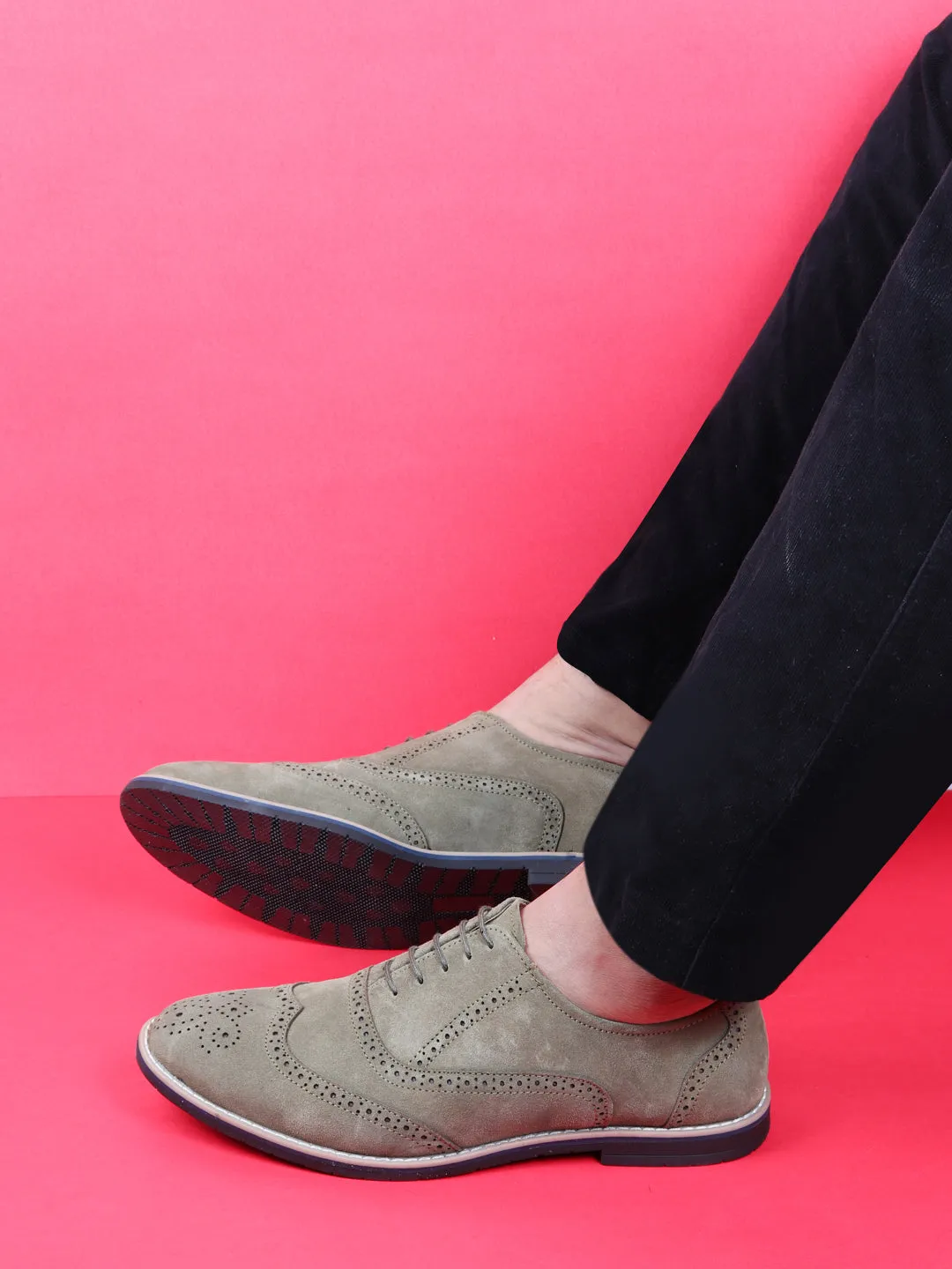 Pantyhose In High Heels Men Olive Suede Leather Brogue Shoes with TPR Welted Sole