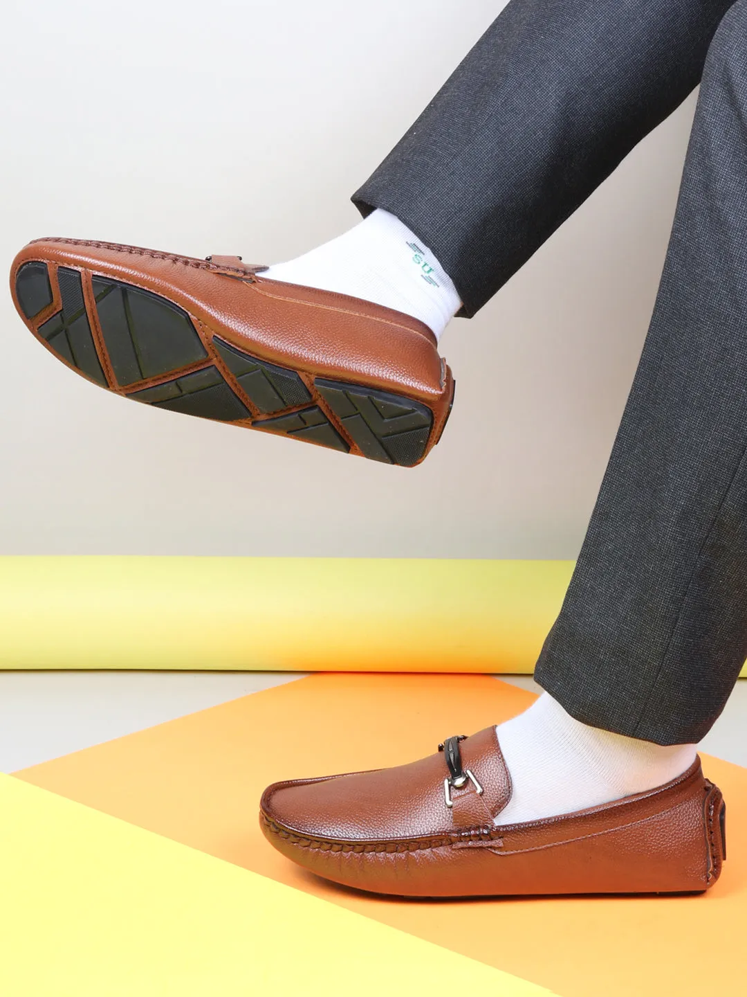 Men Tan Casual Slip On Textured Stitched Design Driving Loafer and Moccasin Shoes Academia Loafers