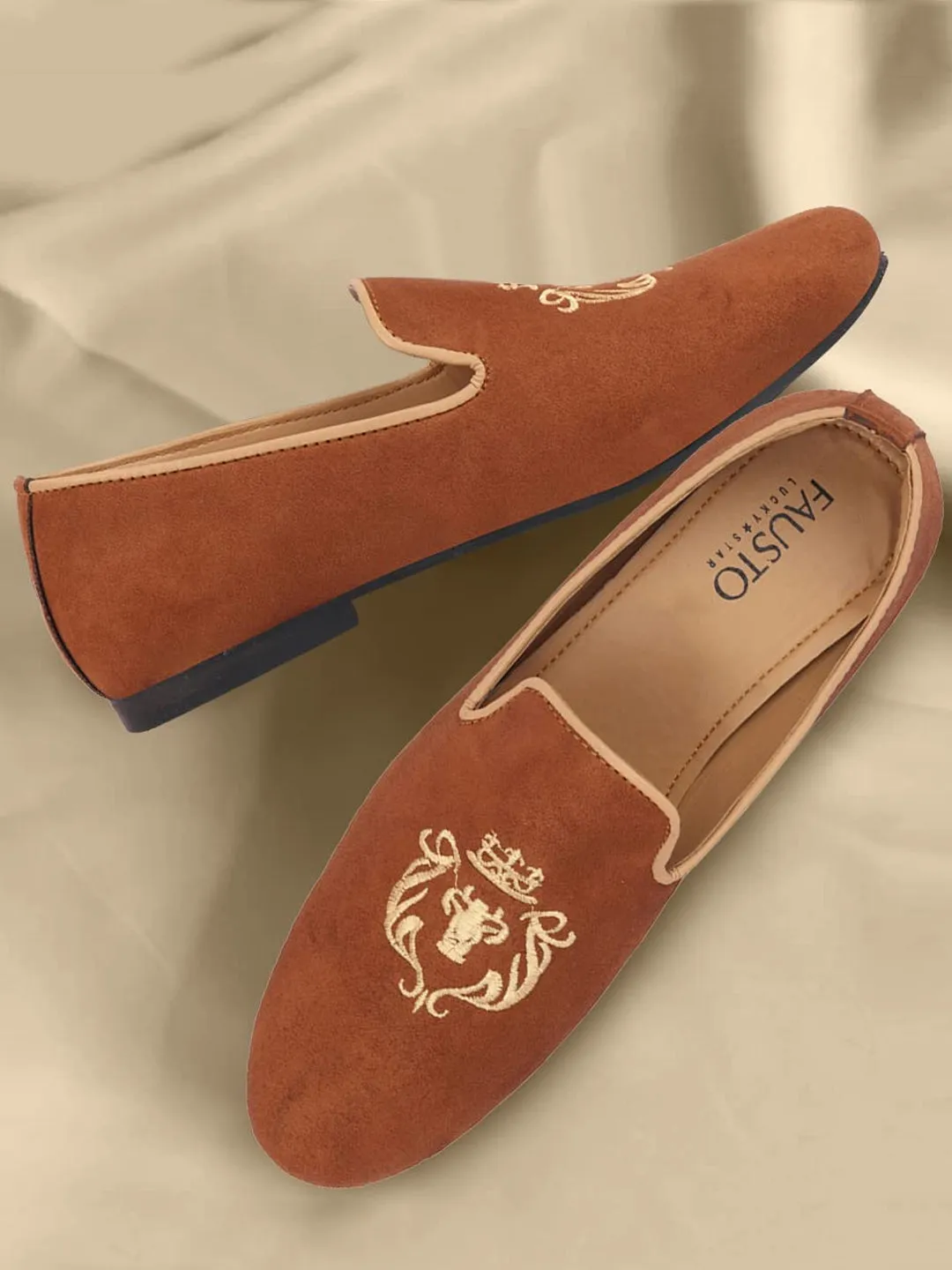 Men Tan Embroidered Velvet Slip On Loafers Bally Shoes Loafers