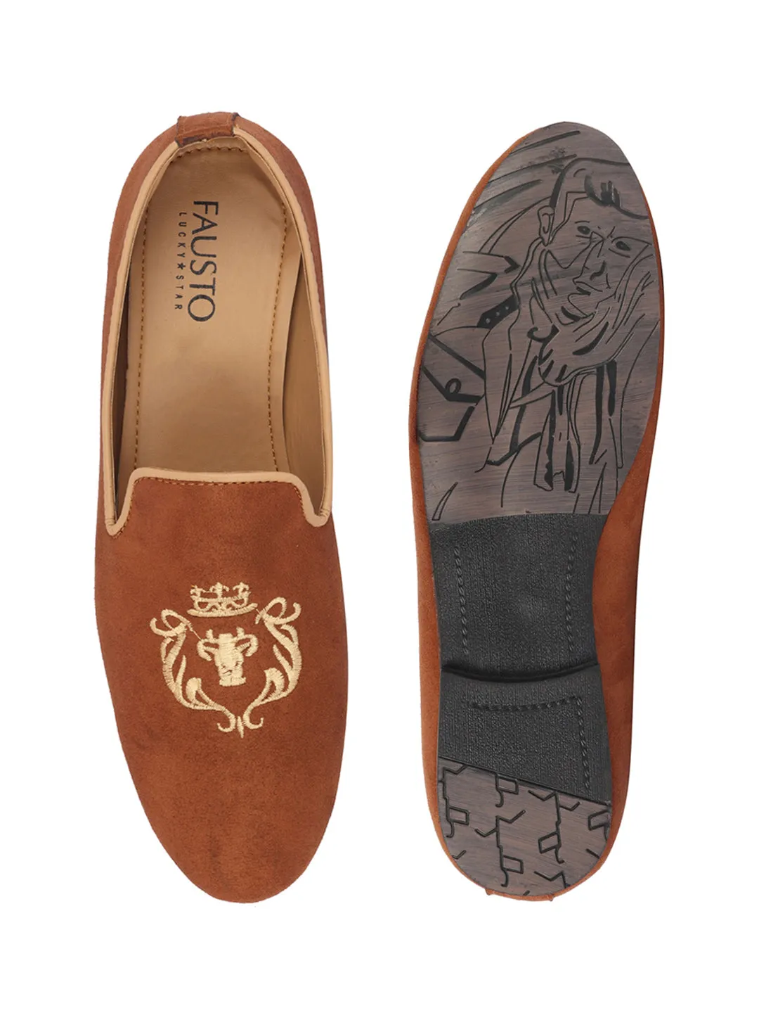 Loafers And Tights Men Tan Embroidered Velvet Slip On Loafers