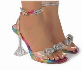 SACFOF Women's Square Toe Clear Heels Sexy Rhinestone Bow Heels Open Toe Ankle Strap Stiletto High Heel Sandals Dress Ladies Nike Tennis Shoes