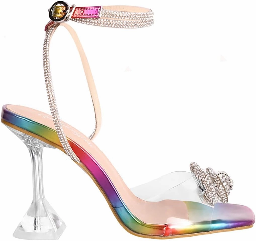 Toe Tennis Shoes SACFOF Women's Square Toe Clear Heels Sexy Rhinestone Bow Heels Open Toe Ankle Strap Stiletto High Heel Sandals Dress