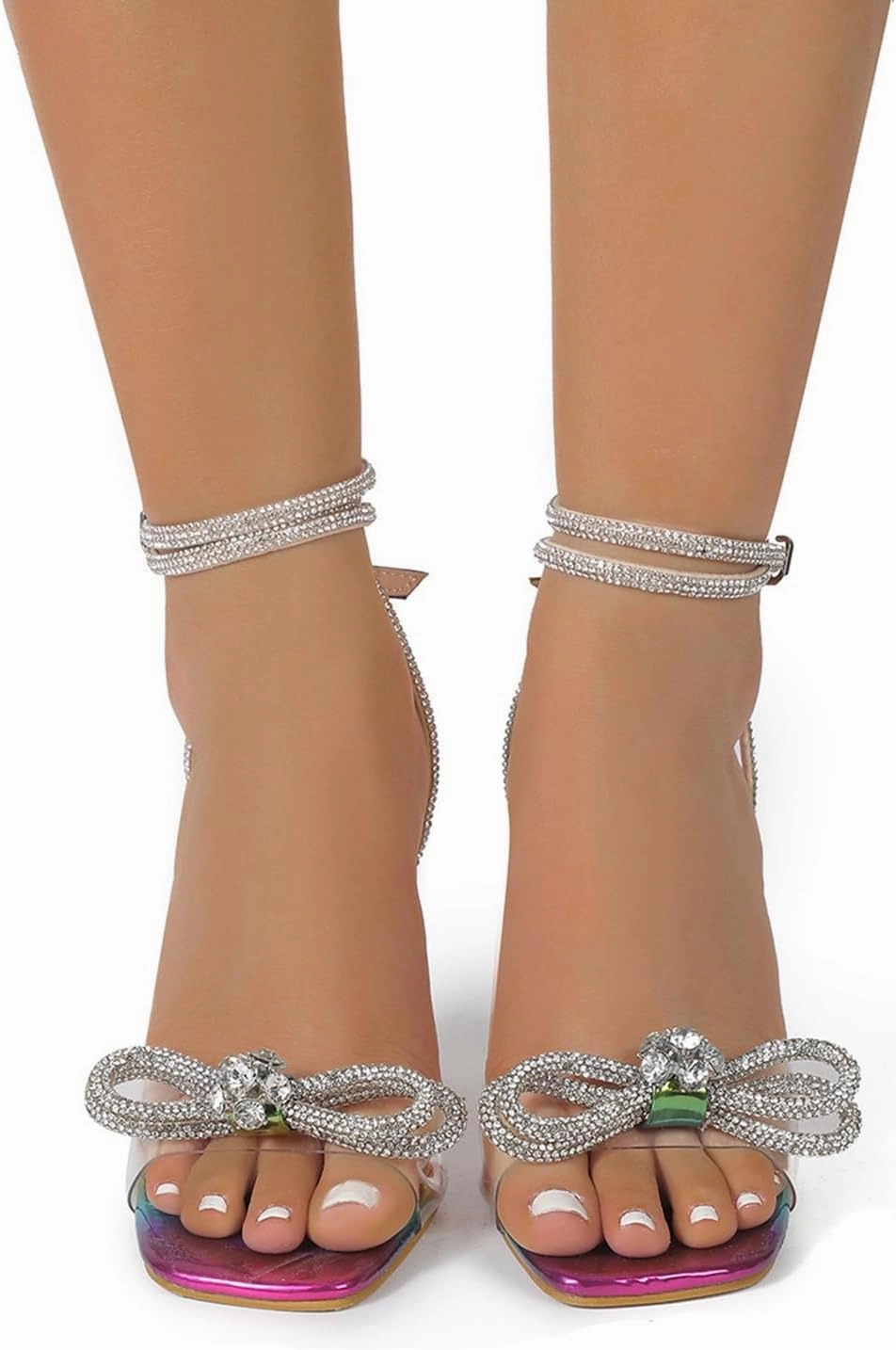 SACFOF Women's Square Toe Clear Heels Sexy Rhinestone Bow Heels Open Toe Ankle Strap Stiletto High Heel Sandals Dress Youth Tennis Shoes