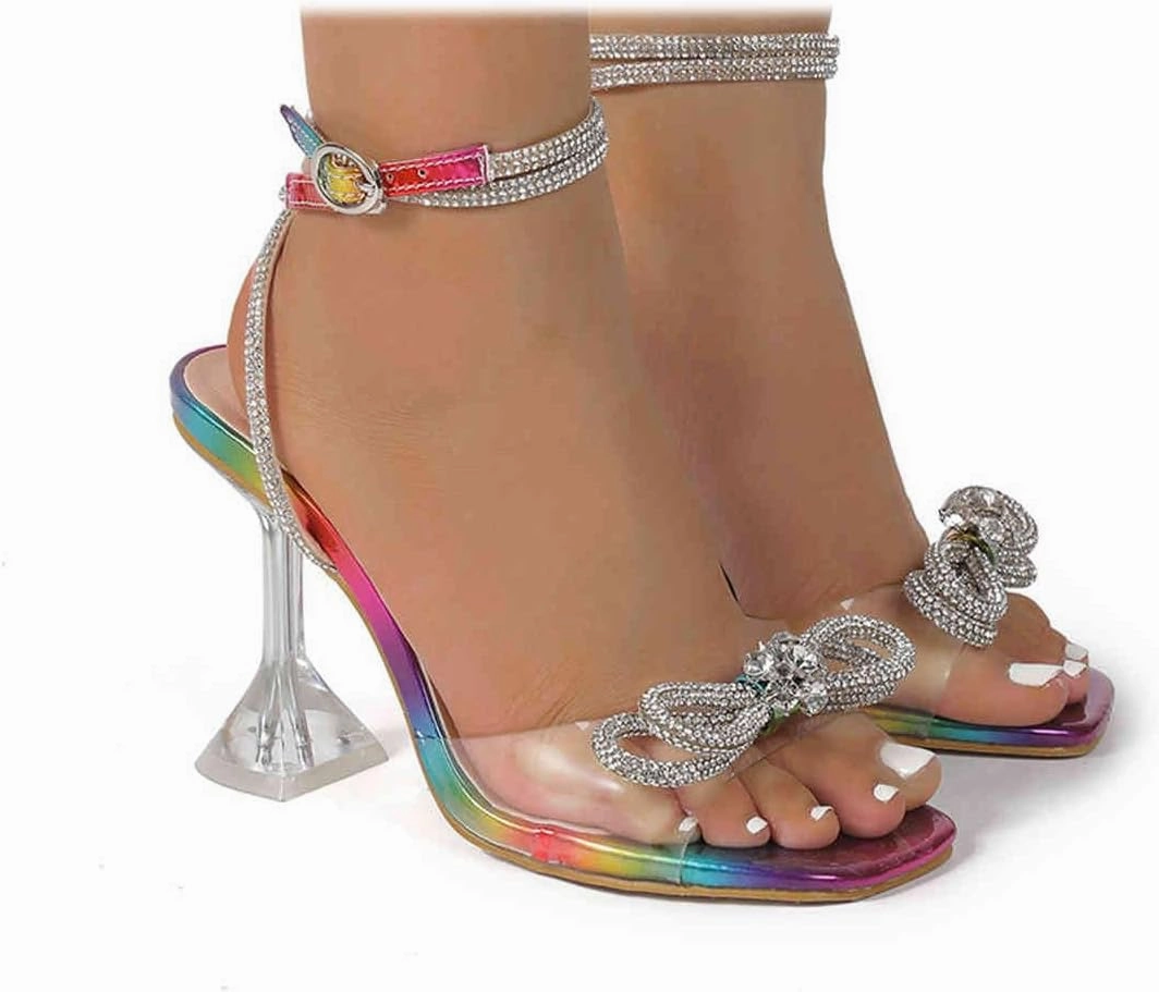Light Tennis Shoes SACFOF Women's Square Toe Clear Heels Sexy Rhinestone Bow Heels Open Toe Ankle Strap Stiletto High Heel Sandals Dress