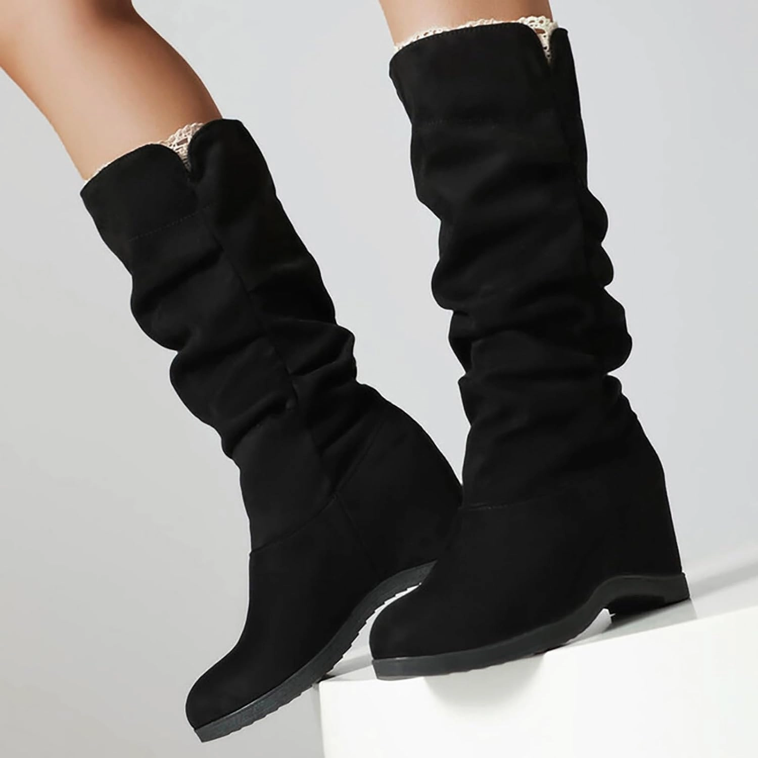 Mid Calf Boots for Women Ankle Boots for Women Frosted Suede Solid Color Slope Heeled Thigh High Boots Knee High Boot Knee High Boots And Outfit