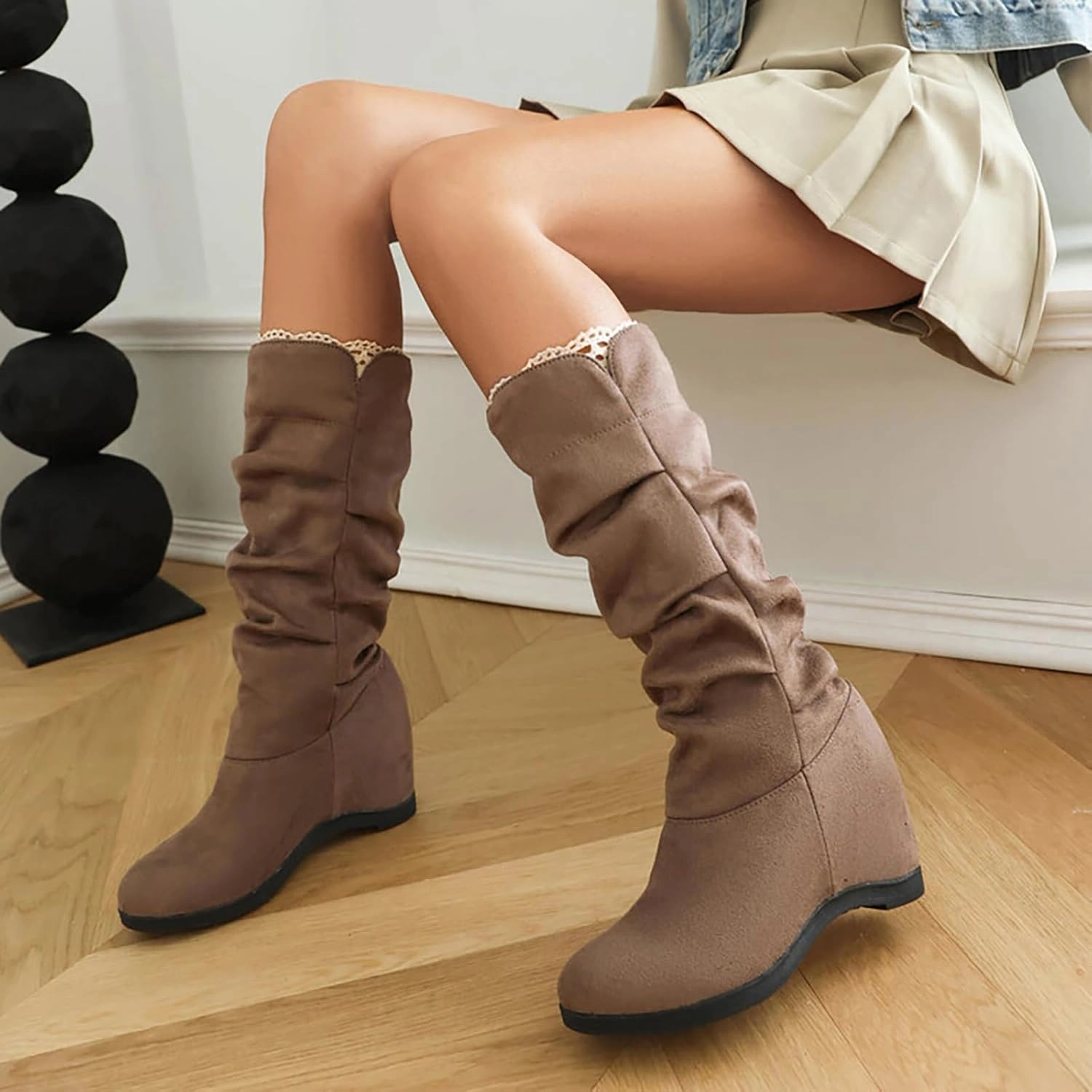 Knee High Boots With Removable Insoles Mid Calf Boots for Women Ankle Boots for Women Frosted Suede Solid Color Slope Heeled Thigh High Boots Knee High Boot