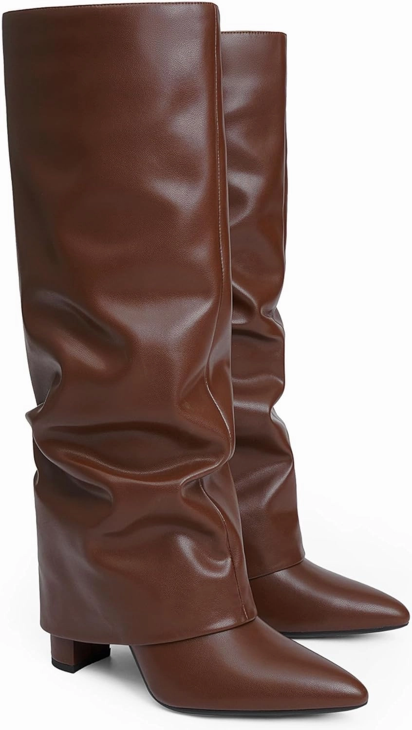 Botta Calf Leather Knee High Boots Modatope Knee High Boots Women Fold Over Knee High Boots Chunky High Heels Long Boots Zipper Pointed Toe Dress Tall Boots for Women