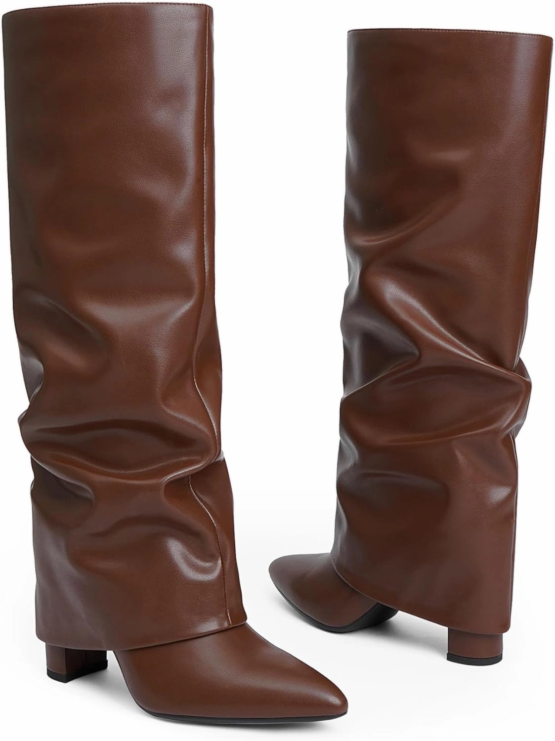 Modatope Knee High Boots Women Fold Over Knee High Boots Chunky High Heels Long Boots Zipper Pointed Toe Dress Tall Boots for Women Knee High Strap Boots