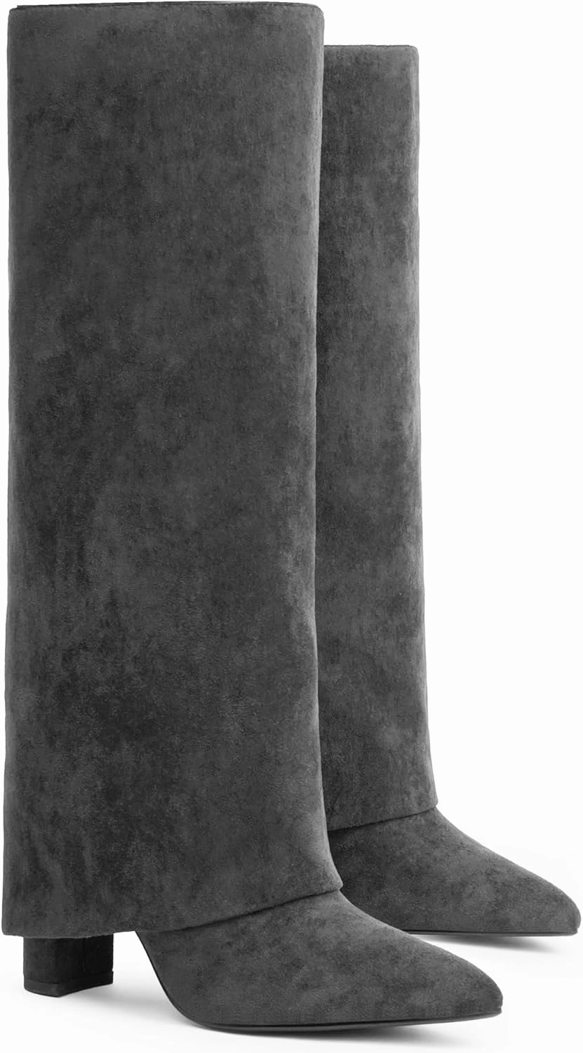 Modatope Knee High Boots Women Fold Over Knee High Boots Chunky High Heels Long Boots Zipper Pointed Toe Dress Tall Boots for Women 1970s Knee High Boots