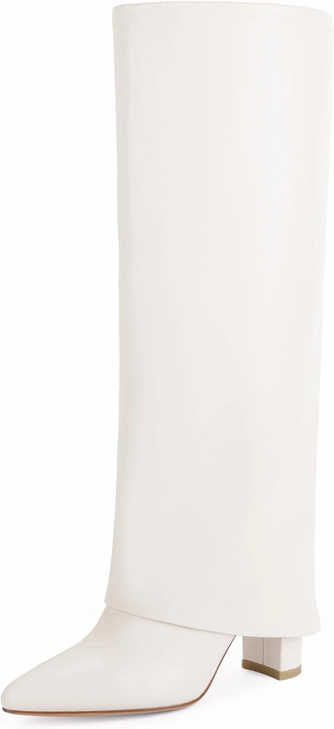 Modatope Knee High Boots Women Fold Over Knee High Boots Chunky High Heels Long Boots Zipper Pointed Toe Dress Tall Boots for Women Knee High Pointed Toe Boots