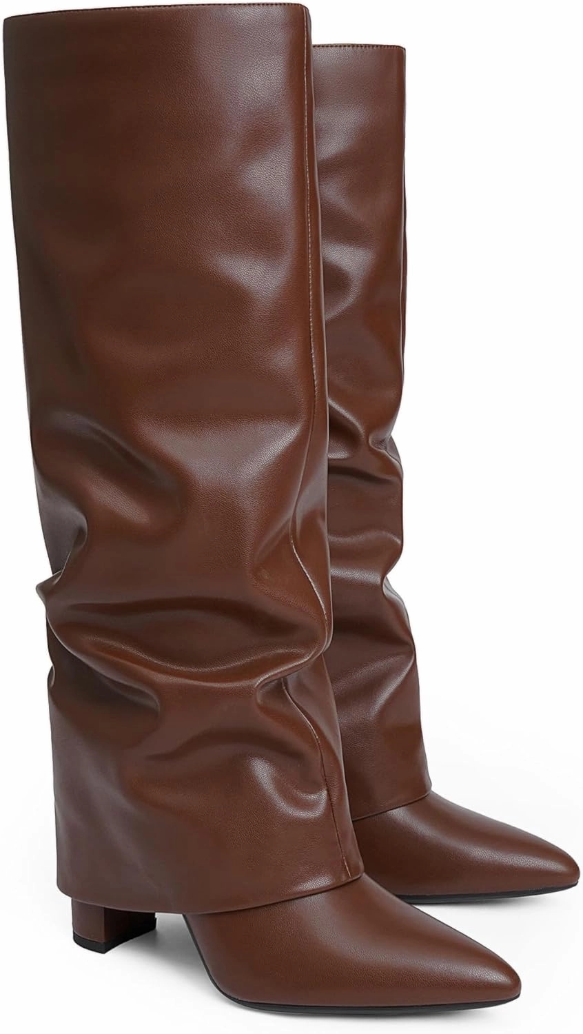 Square Toe Boots Knee High Modatope Knee High Boots Women Fold Over Knee High Boots Chunky High Heels Long Boots Zipper Pointed Toe Dress Tall Boots for Women