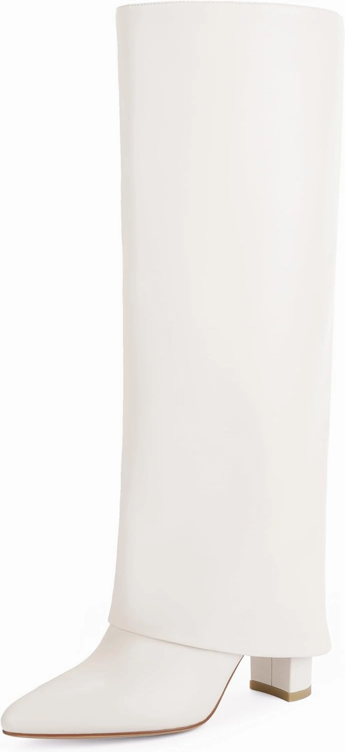 Modatope Knee High Boots Women Fold Over Knee High Boots Chunky High Heels Long Boots Zipper Pointed Toe Dress Tall Boots for Women Knee High Boots Lace