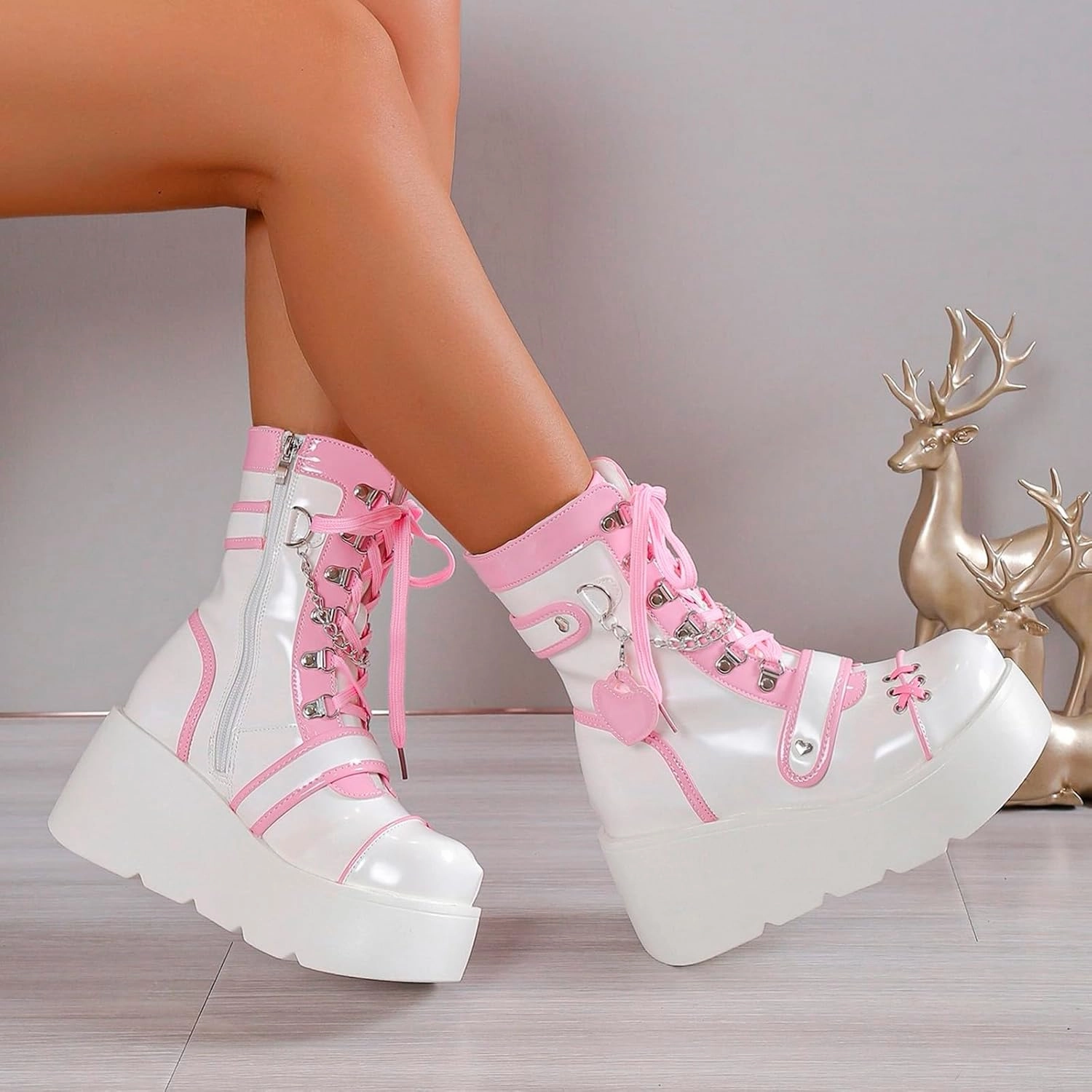 Ankle Boots For Women Y2K Gothic Combat Boots Motorcycle Wedge Platform Ankle Boots Zipper Lace-Up Booties Mela Chain Combat Boots