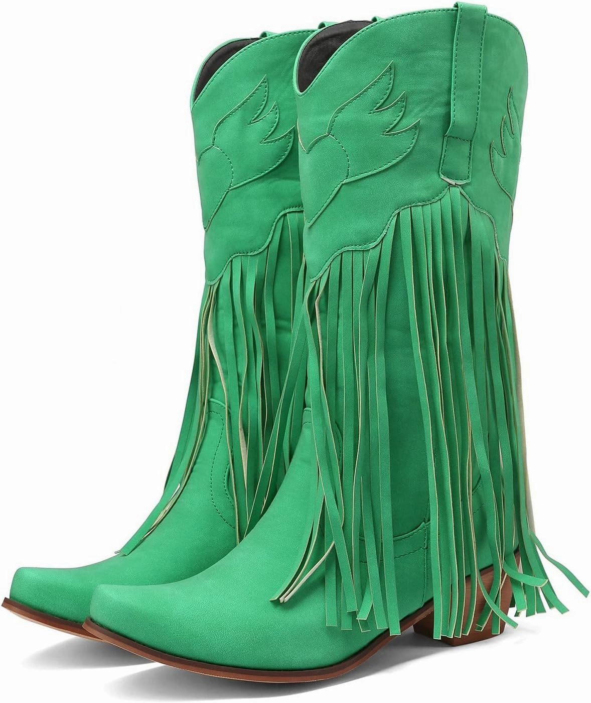 Cowboy Boots For Women Comfortable Pull On Cowboy Boots Tassel Chunky Heel Pointed Toe Western Mid Calf Boots Flexible Combat Boots