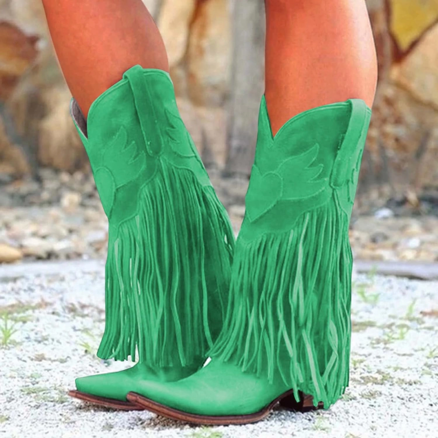 Suede Combat Boots With Heel Cowboy Boots For Women Comfortable Pull On Cowboy Boots Tassel Chunky Heel Pointed Toe Western Mid Calf Boots