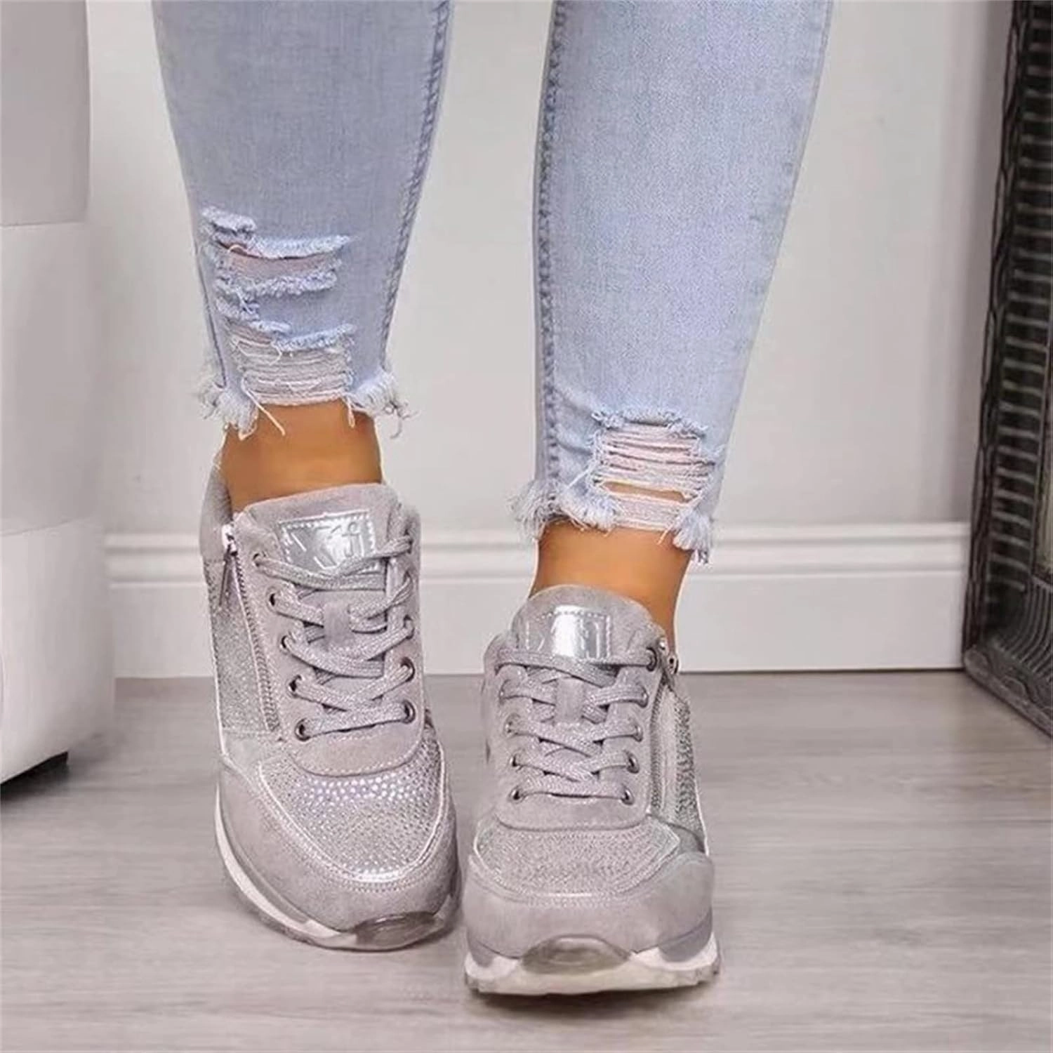 Ladmiple Sneakers For Women Walking Shoes Wide Width Slip on Glitter Shoes Fashion Dressy Summer Sparkly Flats Loafers Silver Slip On Shoes