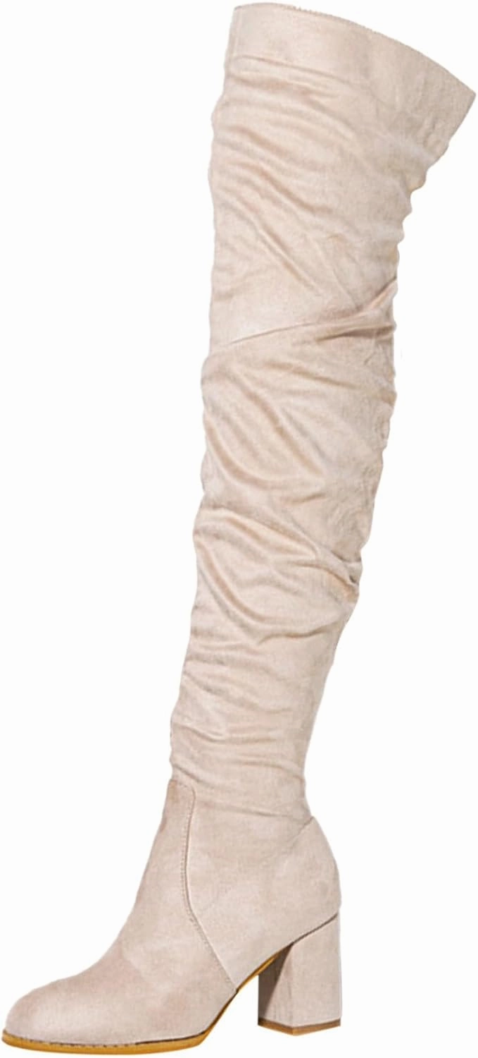 Knee High Boots Women Pointed Toe Faux Suede Boots Chunky Block High Heel Boots Stretch Winter Thigh High Boots Women's Hello Rider Knee High Boot