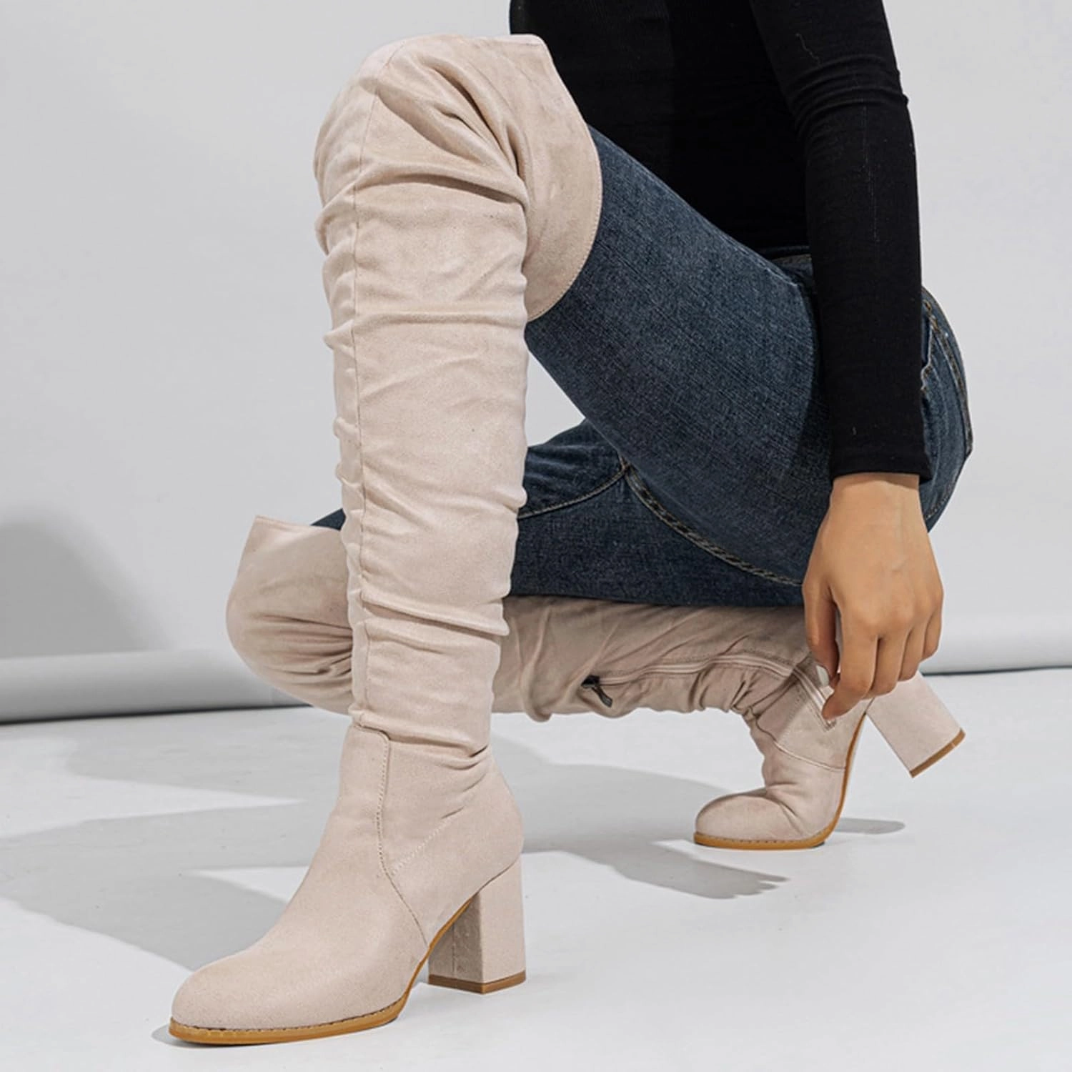 Knee High Boots Women Pointed Toe Faux Suede Boots Chunky Block High Heel Boots Stretch Winter Thigh High Boots Leather Knee High Boots Flat