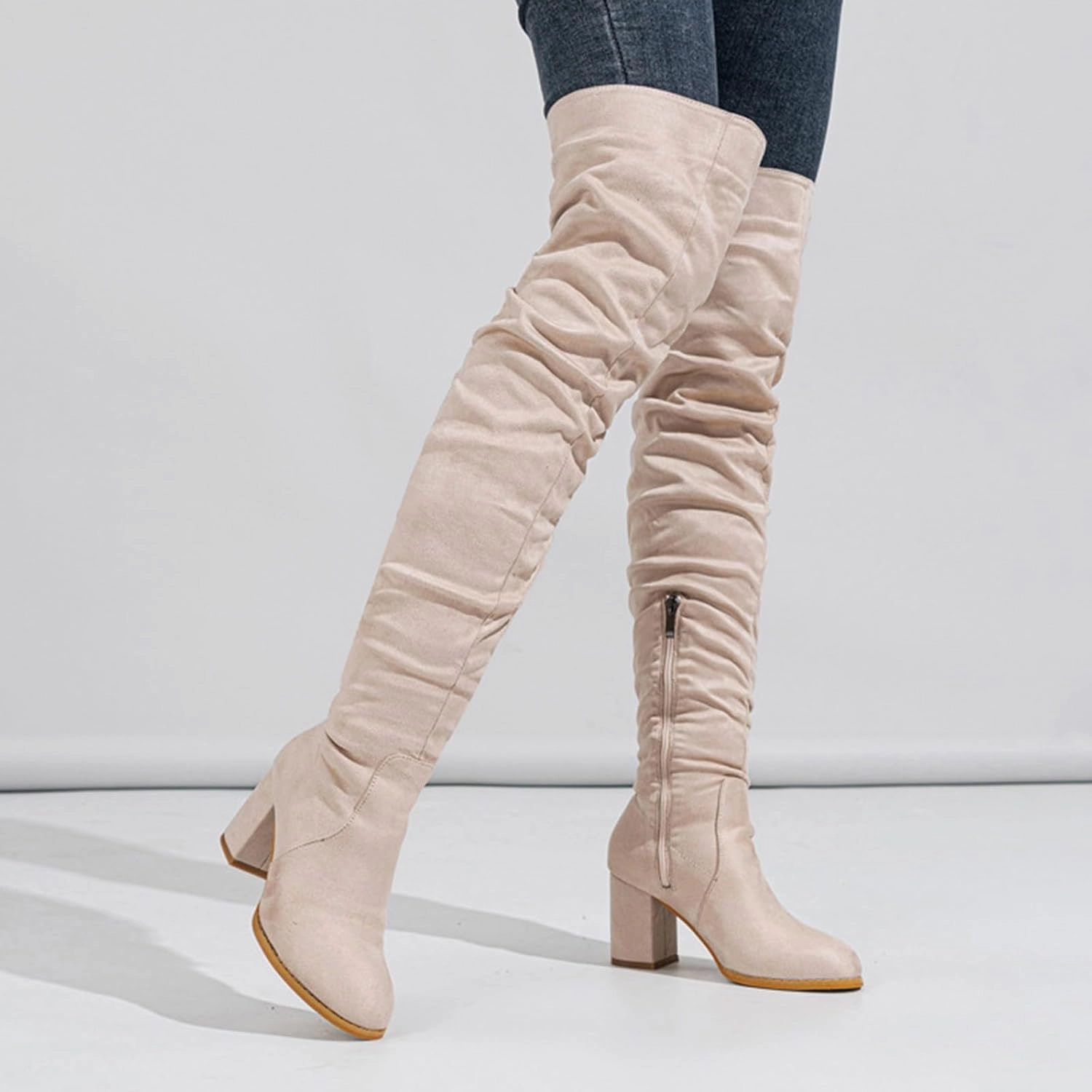 Knee High Boots Women Pointed Toe Faux Suede Boots Chunky Block High Heel Boots Stretch Winter Thigh High Boots Knee-high Riding Boots