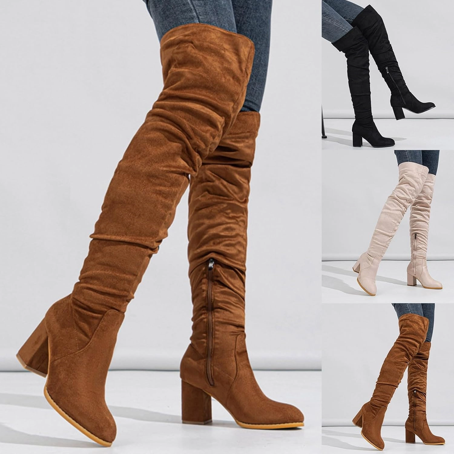 Knee High Boots Women Pointed Toe Faux Suede Boots Chunky Block High Heel Boots Stretch Winter Thigh High Boots Faux Leather Knee High Flat Boots