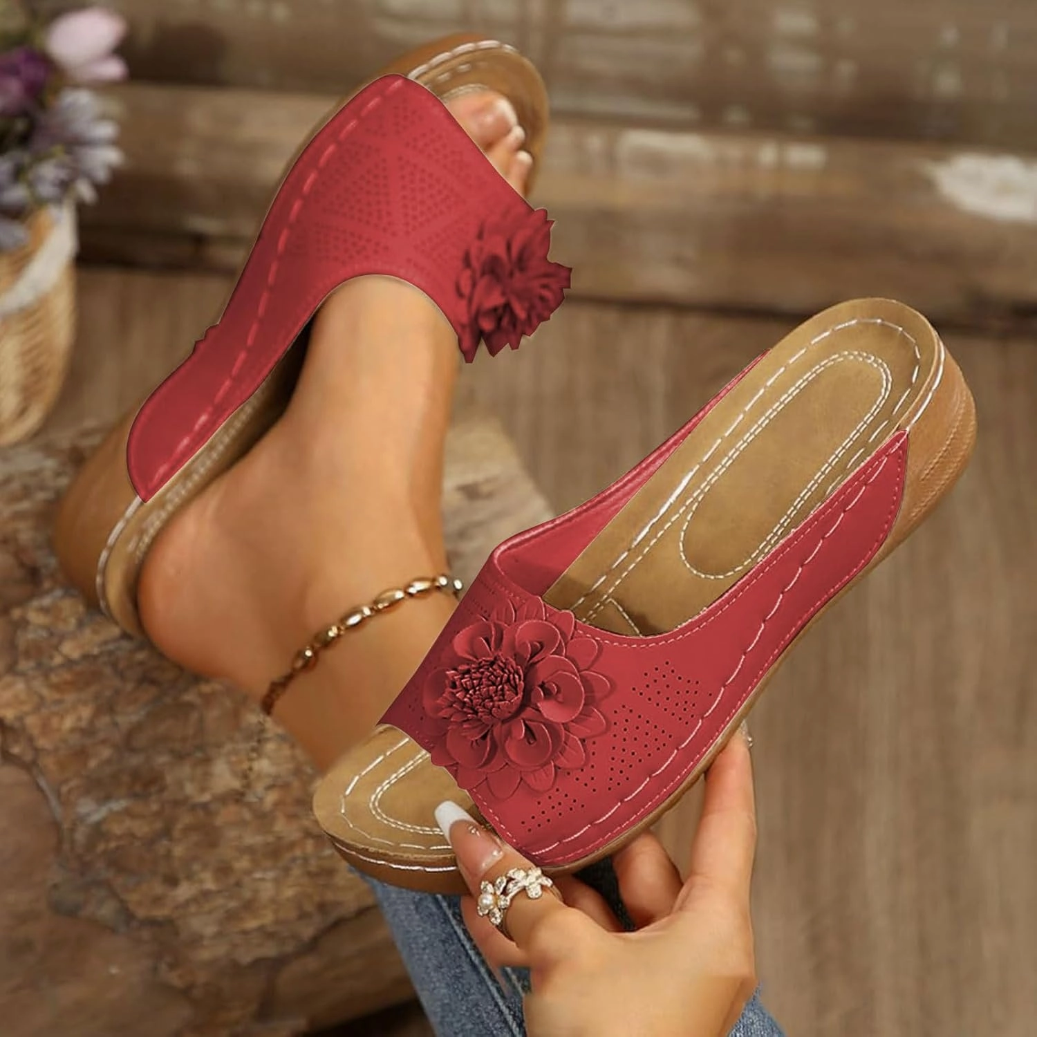Orthopedic Sandals for Womens Chic Flowers Dressy Wedge Comfort Platform Sandal Arch Support Peep Open Toe Sandals Summer Fashion Flower Slippers Shoes Casual Slip On Comfortable Shoe Tennis Shoe Customizer