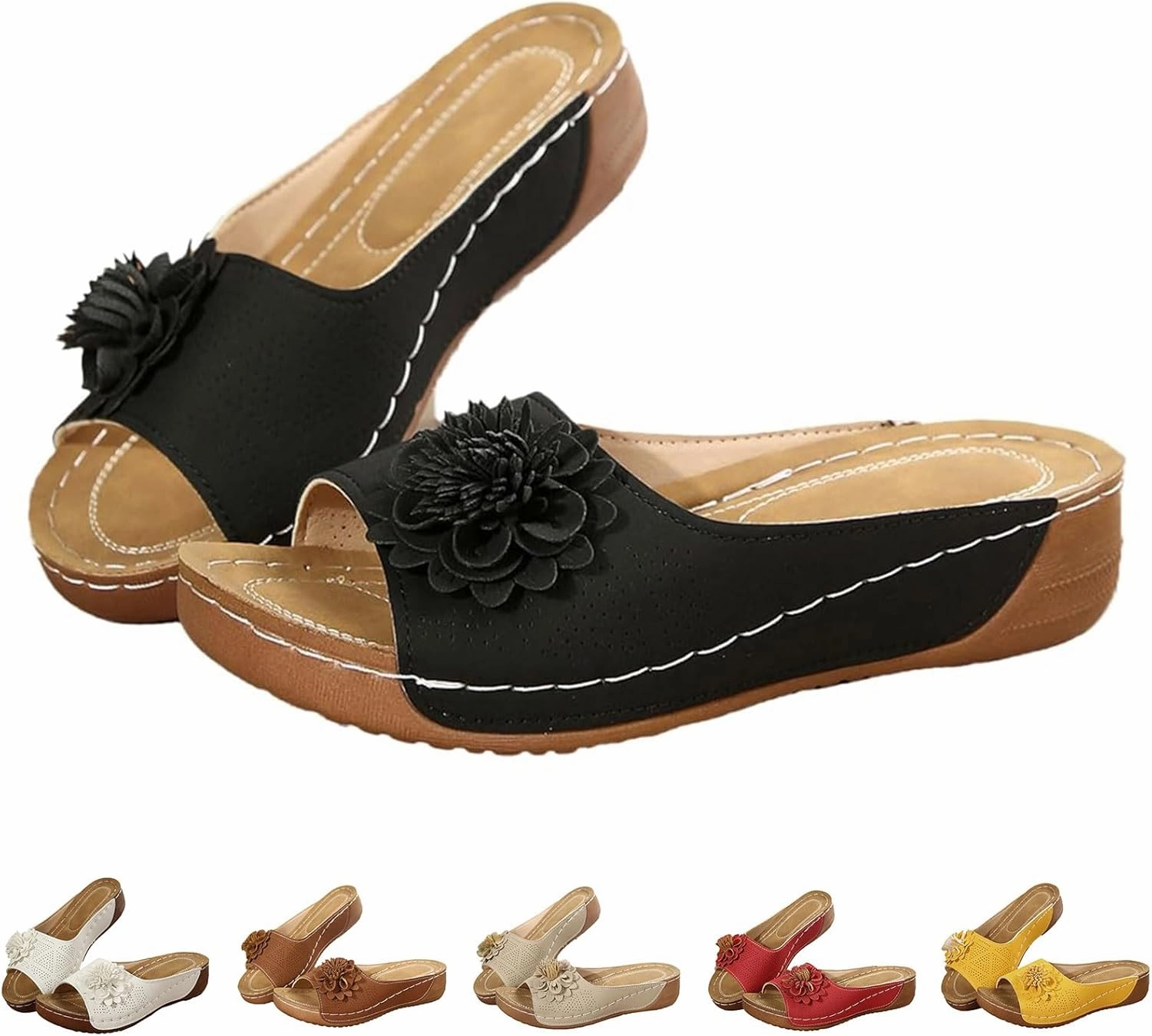 Skechers Non Slip Tennis Shoes Orthopedic Sandals for Womens Chic Flowers Dressy Wedge Comfort Platform Sandal Arch Support Peep Open Toe Sandals Summer Fashion Flower Slippers Shoes Casual Slip On Comfortable Shoe