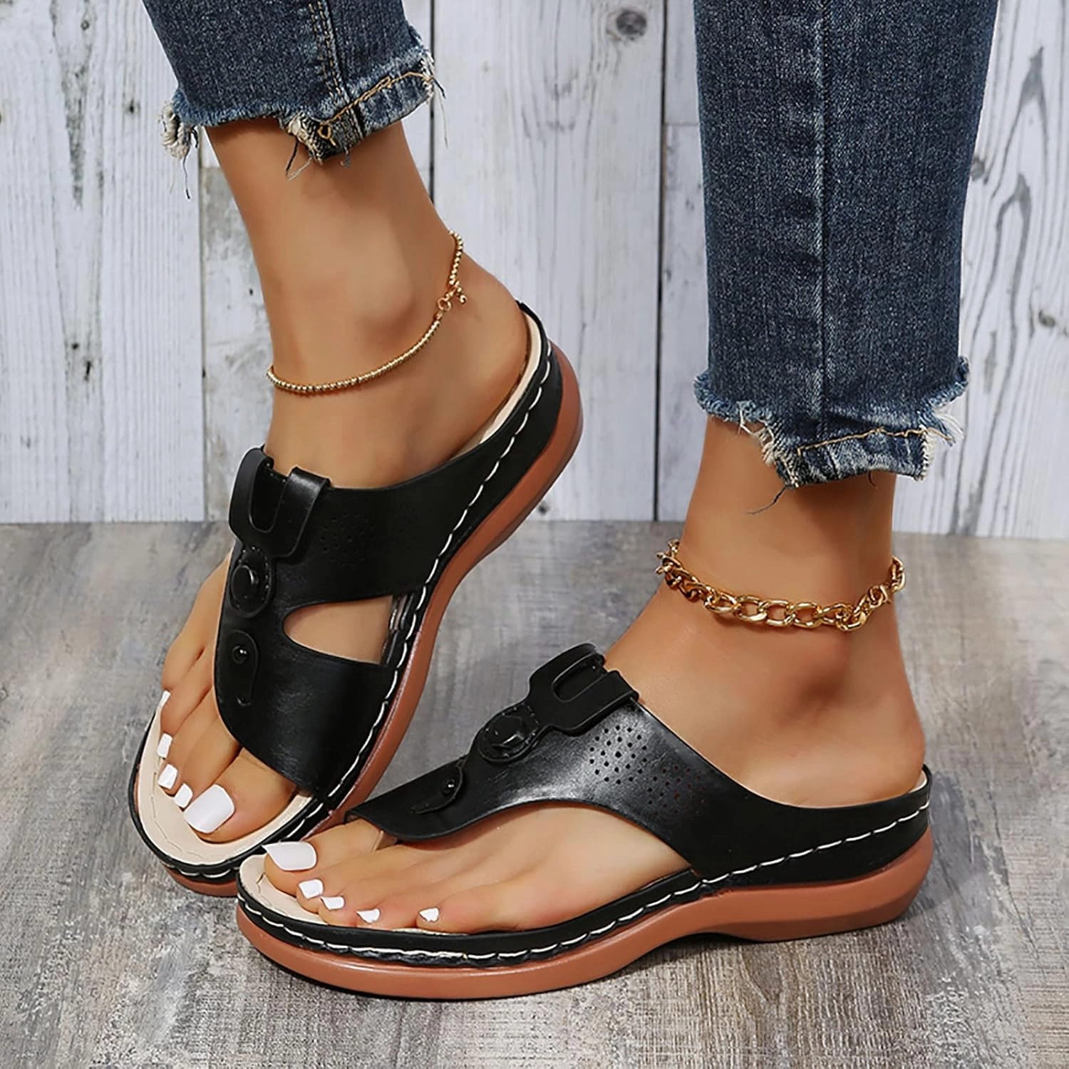 Asian Wooden Flip Flops Orthopedic Women Sandals 2025 Summer Comfortable Dressy Sandals Casual Slip on Flip Flops Outdoor Beach Slippers