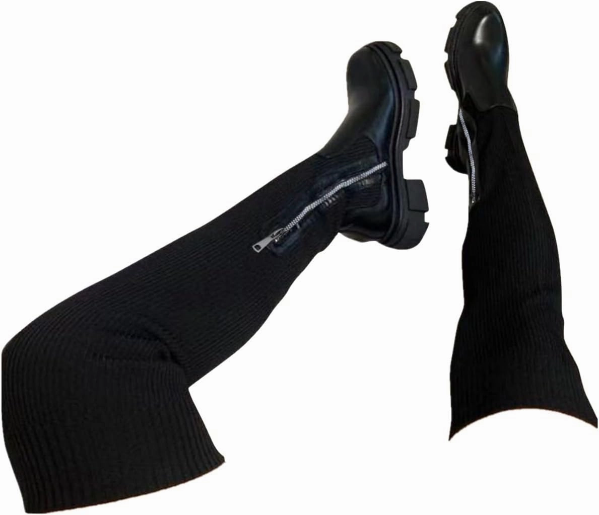 Knee High Boots High Heel Over the Knee Boots for Women Platform Thigh High Boots Chunky Heel Knee High Boots Round Toe Stretch Suede Over-the-Knee Boots Fashion Long Boot Sexy Fall Boots