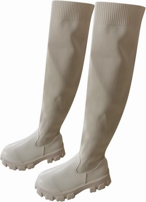 Asher Knee High Boots Over the Knee Boots for Women Platform Thigh High Boots Chunky Heel Knee High Boots Round Toe Stretch Suede Over-the-Knee Boots Fashion Long Boot Sexy Fall Boots