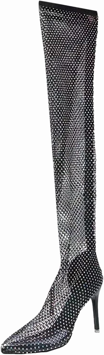 Buckle Knee High Boots Over The Knee Boots for Women Pointed Toe Fine High Heel Overlay Diamond Mesh Sock Boots Knee High Boots Shoes