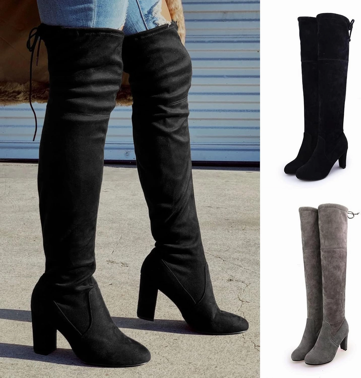 Over the Knee Boots Tall Black Boots for Women Suede Boots Flock Long Tall Boots High Chunky Heel Thigh High Boots Creeper Knee High Boots