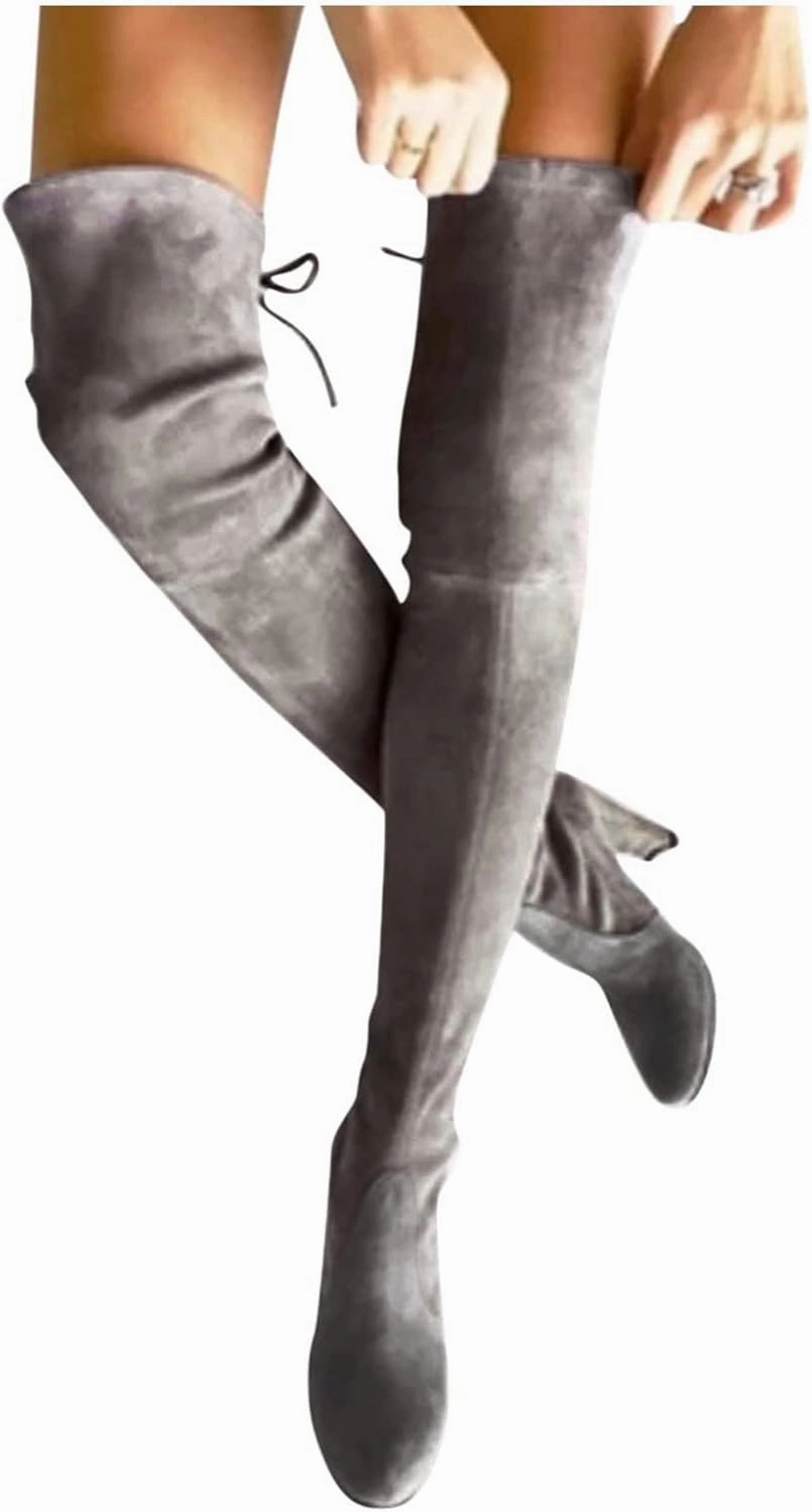 Knee High Boots Lace Up Front Over the Knee Boots Tall Black Boots for Women Suede Boots Flock Long Tall Boots High Chunky Heel Thigh High Boots