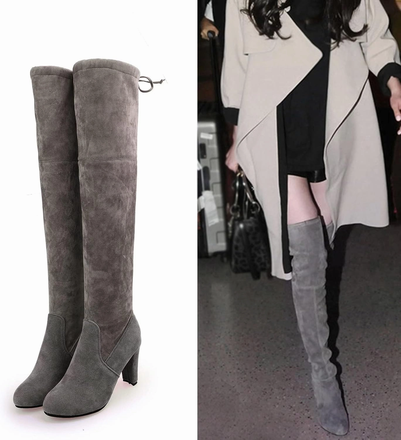 Knee High Boots With Leather Pants Over the Knee Boots Tall Black Boots for Women Suede Boots Flock Long Tall Boots High Chunky Heel Thigh High Boots