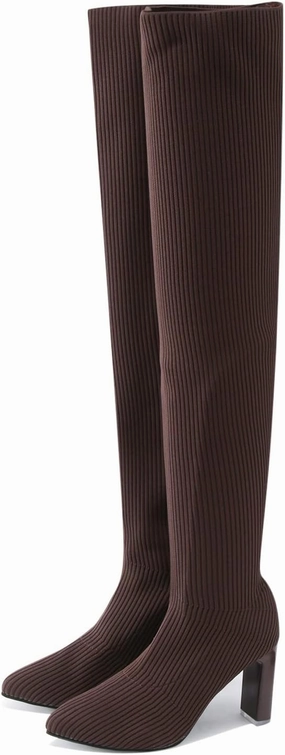 owillhua Women's Thigh High Boots Over-the-Knee Boots Stretchy Knit Round Toe Knee High Boots Black Suede Platform Boots Flattering Knee High Boots