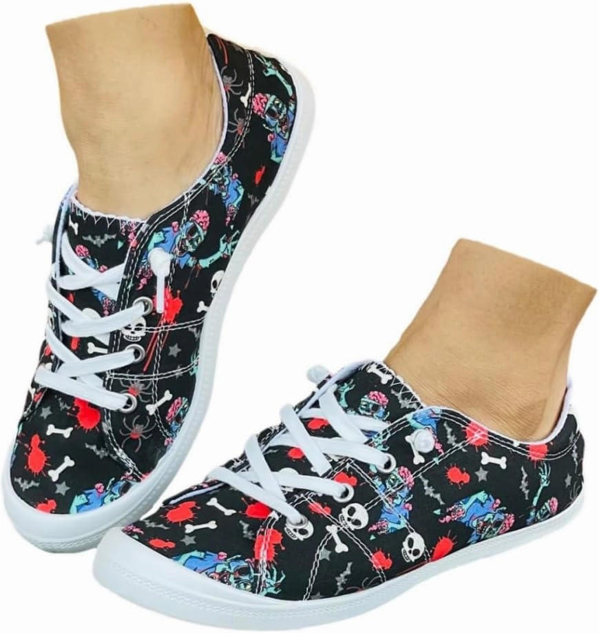 Halloween Shoes for Women, Comfort Low Top Canvas Slip On Sneakers Classic Casual Walking Shoes Comfotable Boat Casual Shoes with Arth Support Fashion Pumpkin Print Canvas Sneakers Trainer Shoes For Work