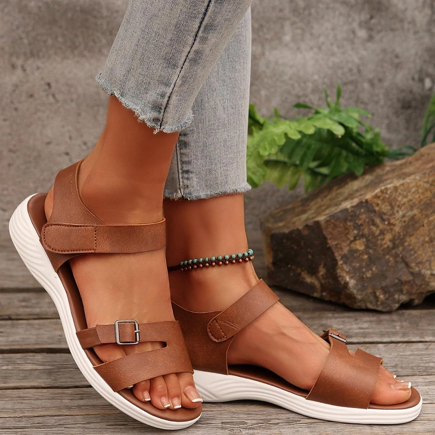 Rainbows Flip Flops Sizing Womens Flat Sandals Comfort Adjustable Strap Slip on Soft PU Leather Footbed Open Toe Walking Shoes for Summer 2025