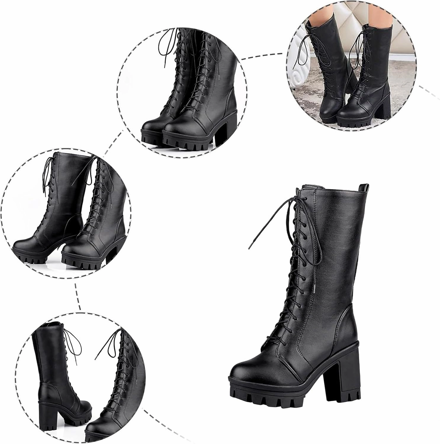Combat Tech Boots Platform Boots Women's Gothic Platform Thick High Heels Boots Villi Inner Layer Mid Calf Lace Up Casual Boots