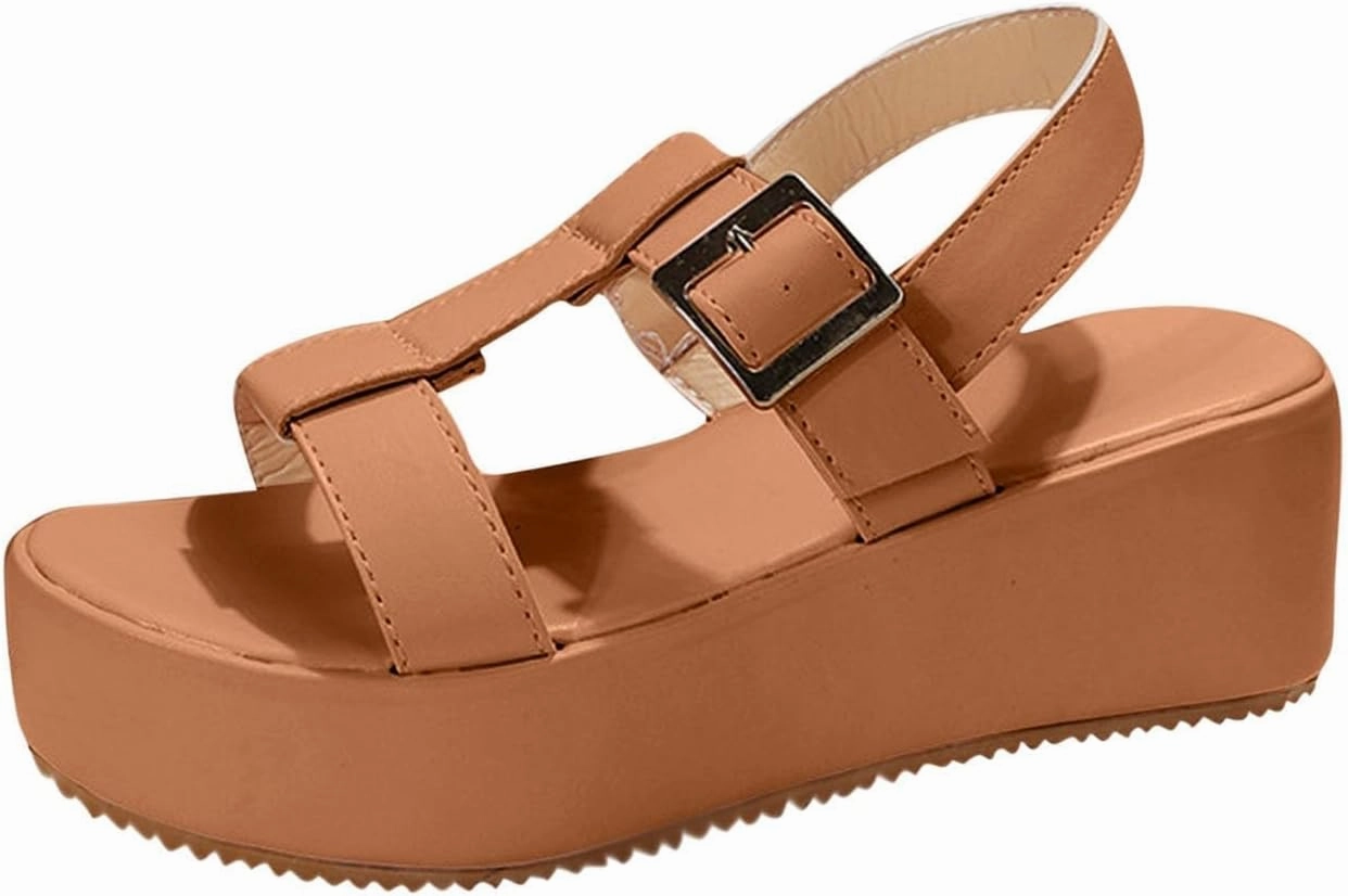 Cheap Comfortable Flip Flops Platform Sandals Women Solid Color Leather Vamp Orthopedic Sandals Adjustable Ankle Buckle Sandal Open Toe Non-Slip Shoes High Heel Thick Sole Shoes