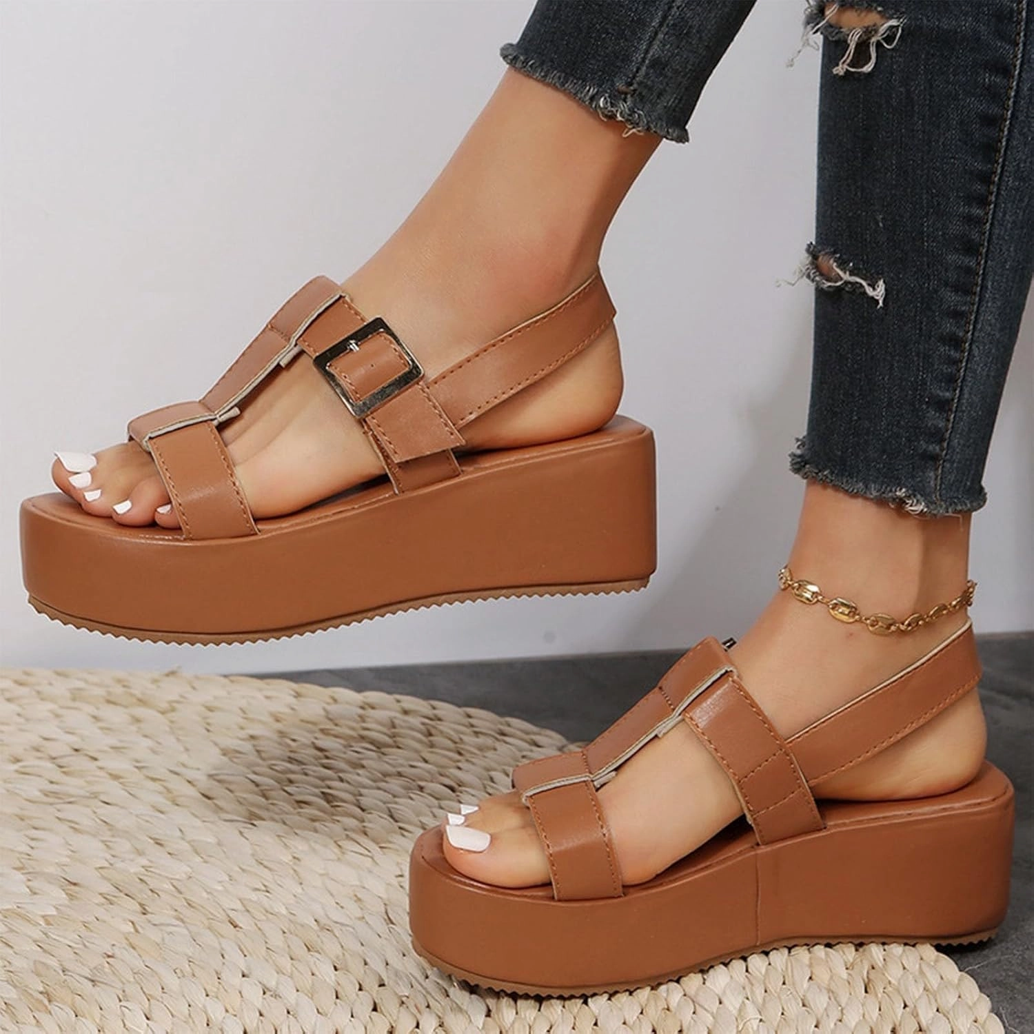 Soft Top Flip Flops Platform Sandals Women Solid Color Leather Vamp Orthopedic Sandals Adjustable Ankle Buckle Sandal Open Toe Non-Slip Shoes High Heel Thick Sole Shoes