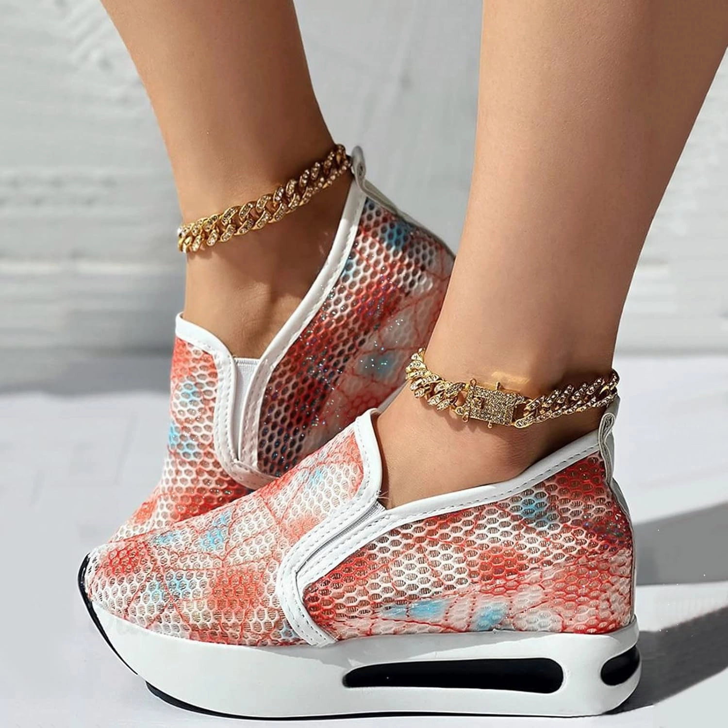 Platform Sneakers for Women Slip on Loafers Lace Embroidery Chunky Fashion Casual Tennis Shoes Lightweight Walking Shoes Comfortable Ladies Hidden Sneaker Breathable Orthopedic Wedge Forza Badminton Shoes