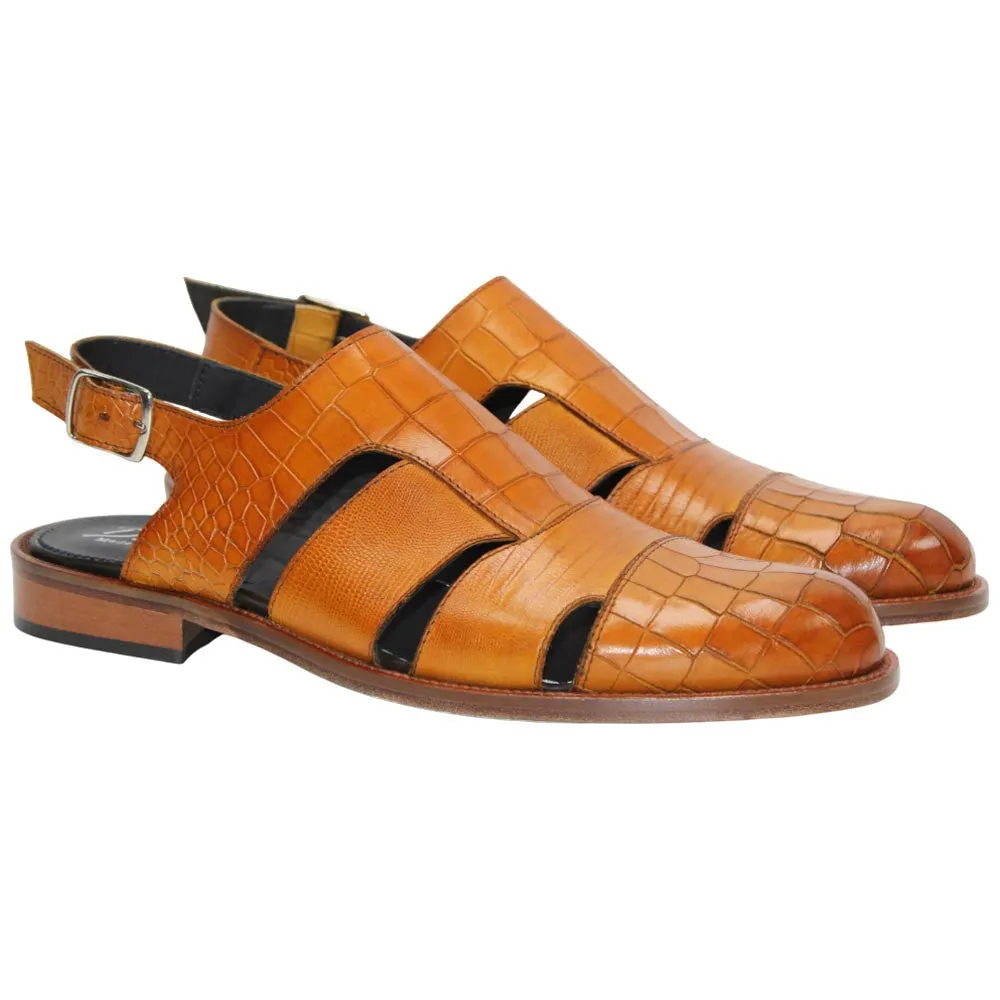 Positano Senape Calfskin Exotic Print Sandal | Duca Dress Sandals for Men Kinds Of Dress Shoes