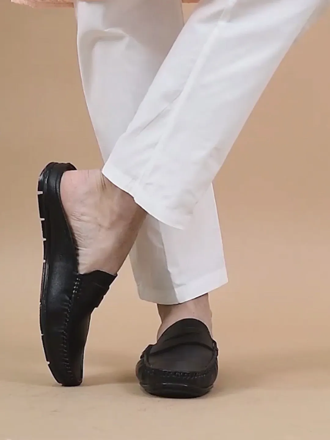 Men Black Slip On Back Open Stitched Mules Casual Shoes Walking Extra Wide Walking