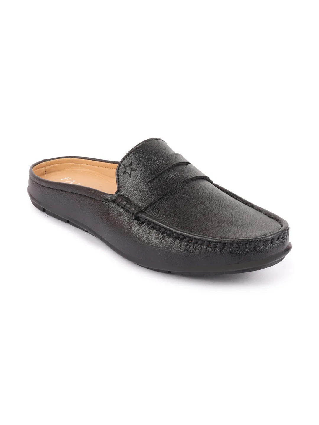 Men Black Slip On Back Open Stitched Mules Casual Shoes Race Walking