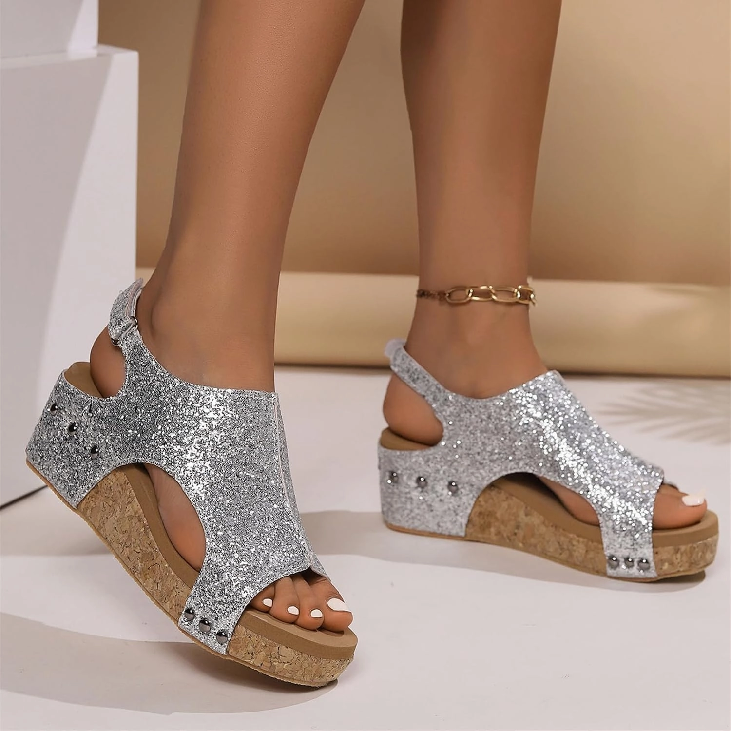 Fuzzy Slip On Sneakers Women's Sandals Comfortable Walking Wedges Sandals Heels Open Toe Ankle Strap Platform Sparkly Rhinestone Summer Dress Shoes