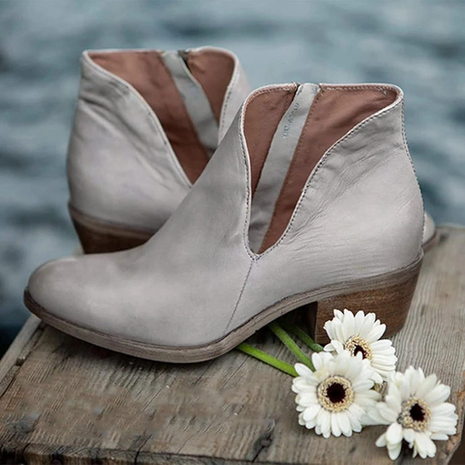 Womens Square Heel Ankle Boots Fashion Solid Pointed Toe Side Zipper Cutout Chunky Heel Booties Retro Comfortable Thick Heel Short Boots Shoes Gold Under Armour Volleyball Shoes