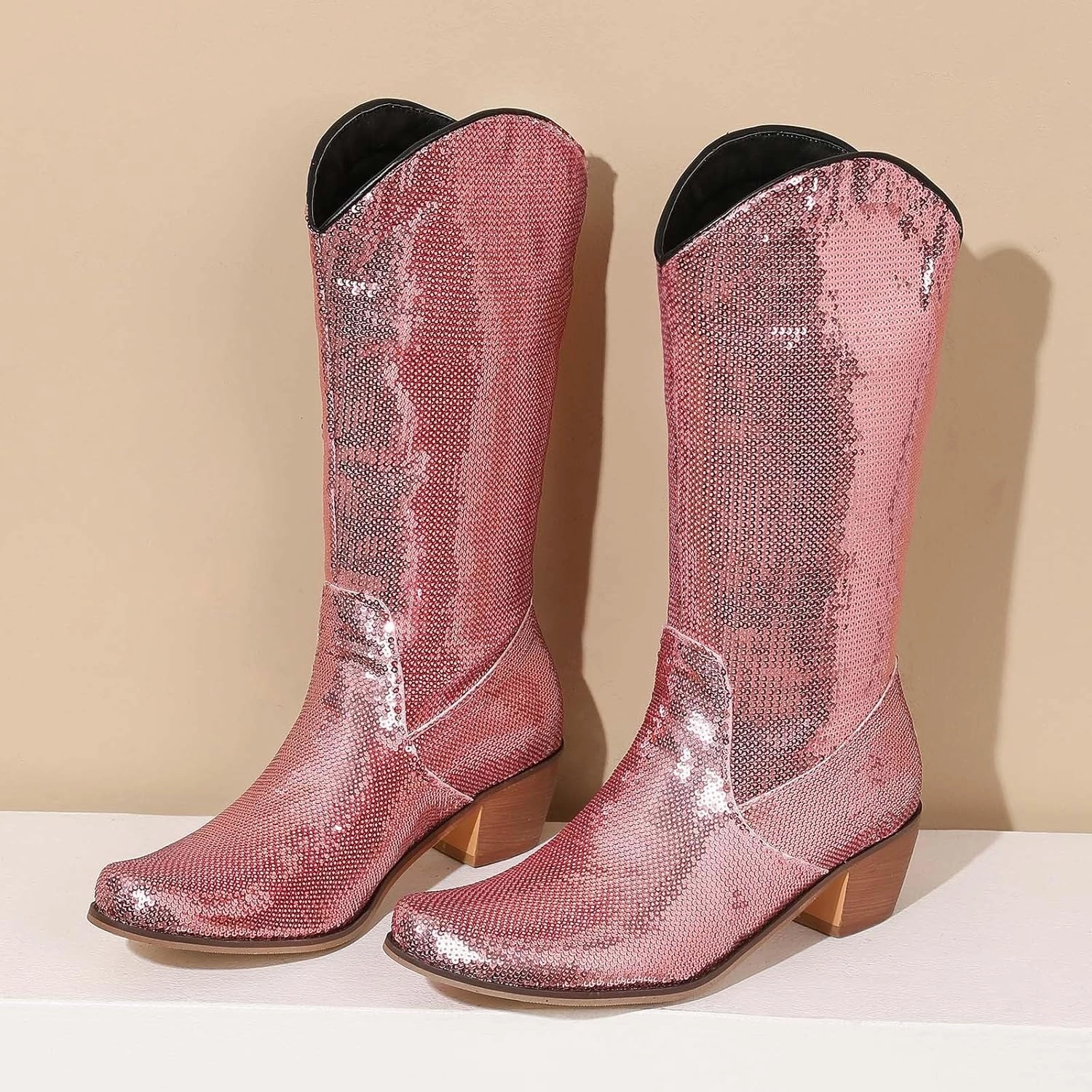 Standard Combat Boots Cowgirl Boots Women's Sequin Chunky Heels Western Cowboy Boots Pointed Toe Mid Calf Knee High Performance Bootie