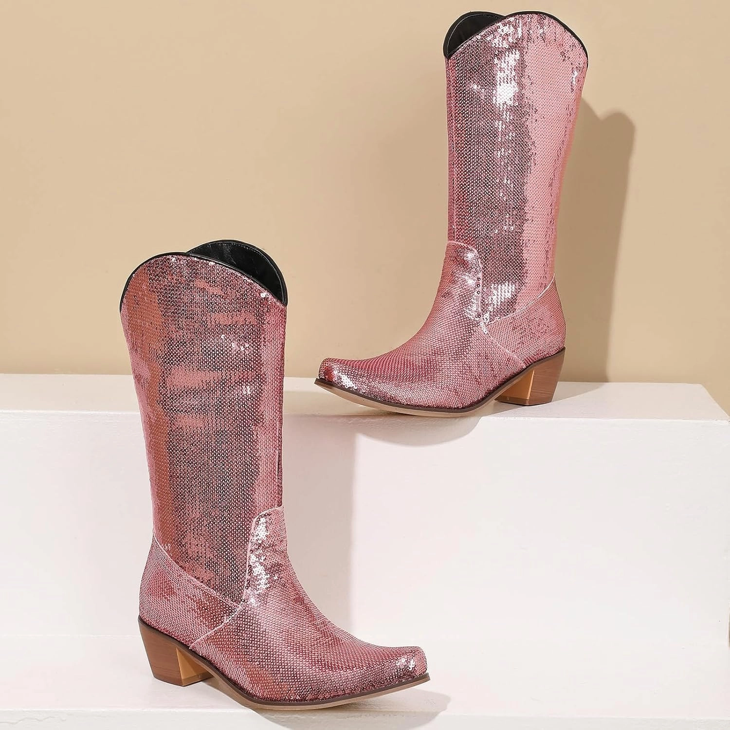 Dress And Combat Boots Outfit Cowgirl Boots Women's Sequin Chunky Heels Western Cowboy Boots Pointed Toe Mid Calf Knee High Performance Bootie