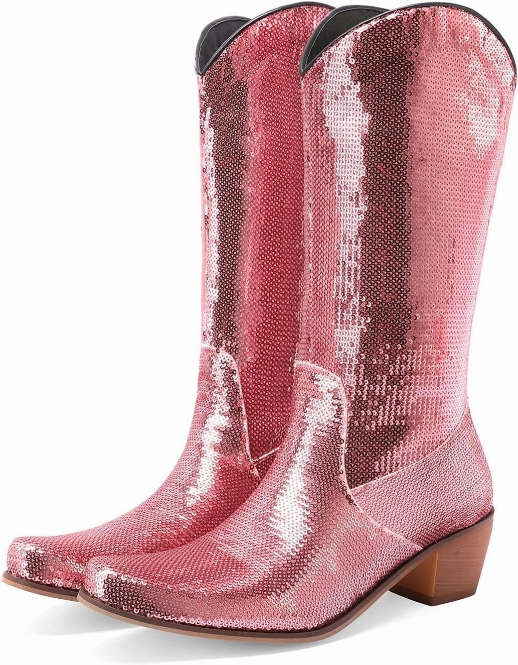 Cowgirl Boots Women's Sequin Chunky Heels Western Cowboy Boots Pointed Toe Mid Calf Knee High Performance Bootie Joan Now Lace-up Combat Boots